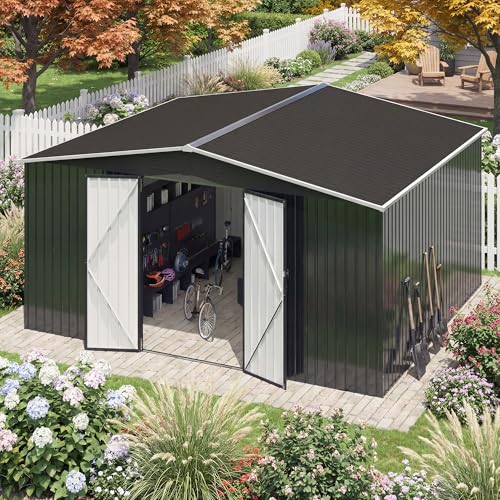 Image of AirWire 12x14 FT Storage Shed, Garden Shed with Lockable Doors and Updated Frame Structure, Metal Tool Sheds for Backyard Garden Patio Lawn, Black