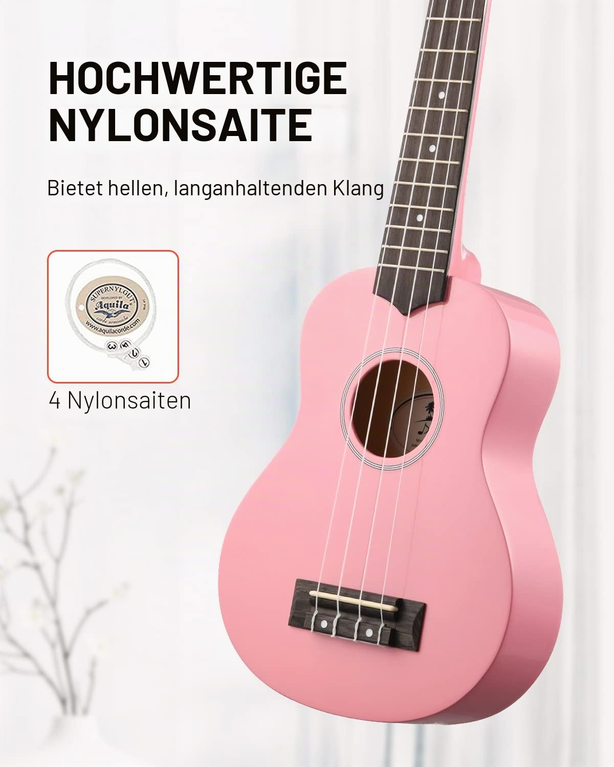Donner Ukulele für Kinder Anfänger Sopran Ukulele Kit 21 Zoll Pink mit Nylon Saiten Hawaii Gitarre