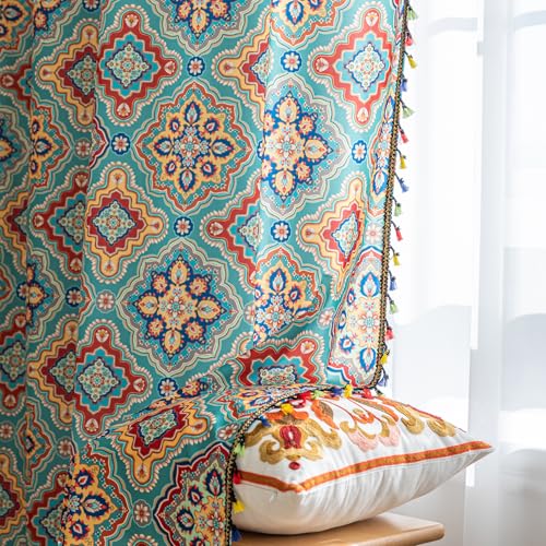 Image of Turquoise Blue Boho Curtains 72 Inches Long, Colorful Medallion Farmhouse Light Filtering Rod Pocket Drapes with Tassel Trim for Bedroom Living Room, 2 Panels