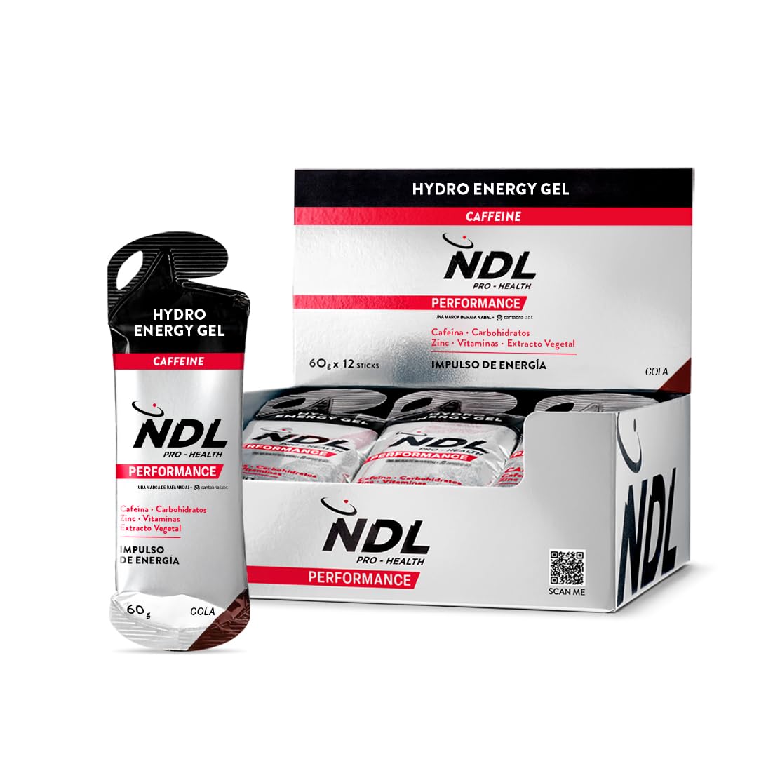 NDL Pro-Health Hydro energy gel | Gel energético para deportistas con carbohidratos y sales minerales | Bajo en azúcar y con cafeína | Aporte energético inmediato | Apertura fácil | COLA | 12x60G