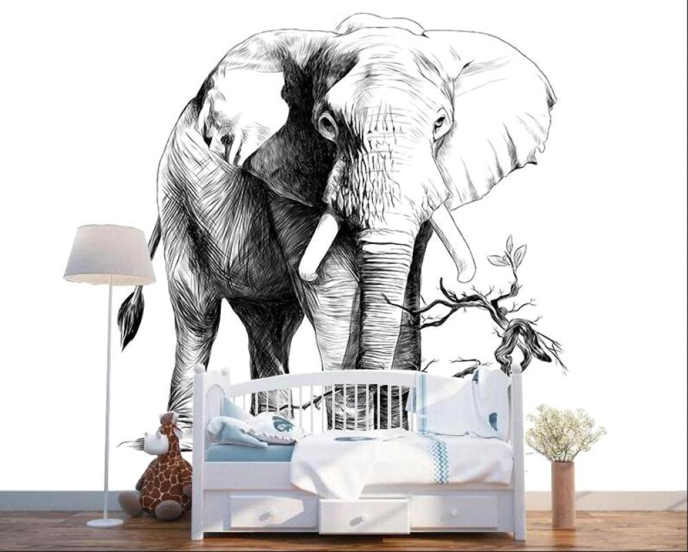 Papier peint éléphant noir et blanc dessin animé 350x245 cm
