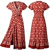 PRETTYGARDEN Women's Casual Long Summer Dresses Boho Floral Wrap V Neck Short Sleeve Split Maxi Beach Dress (Red -1,Medium)