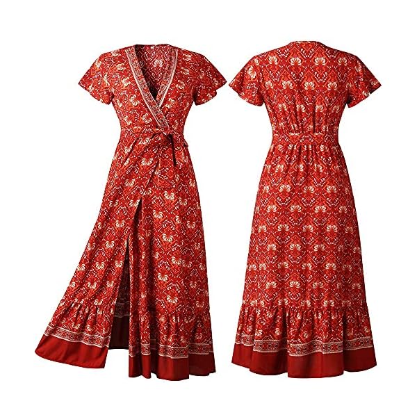 PRETTYGARDEN Women's Casual Long Summer Dresses Boho Floral Wrap V Neck Short Sleeve Split Maxi Beach Dress (Red -1,Medium)