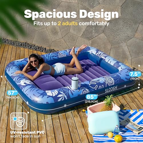 SLOOSH Inflatable Tanning Pool Lounger Float, 85" x 57" Extra Large Pool Floats Adult with Pillow, 4 in 1 Suntan Tub Raft Floatie,Sunbathing Bed Lounge for Water Blow Up Ball Pit, XL-Dark Blue by Sloosh - Used condition - Image 2