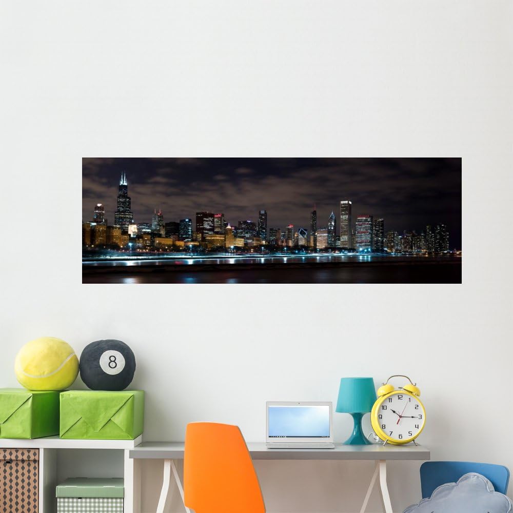 Wallmonkeys Chicago Night Skyline Panoramic Wall Mural Decal Graphic (72 in W x 24 in H) WM368539