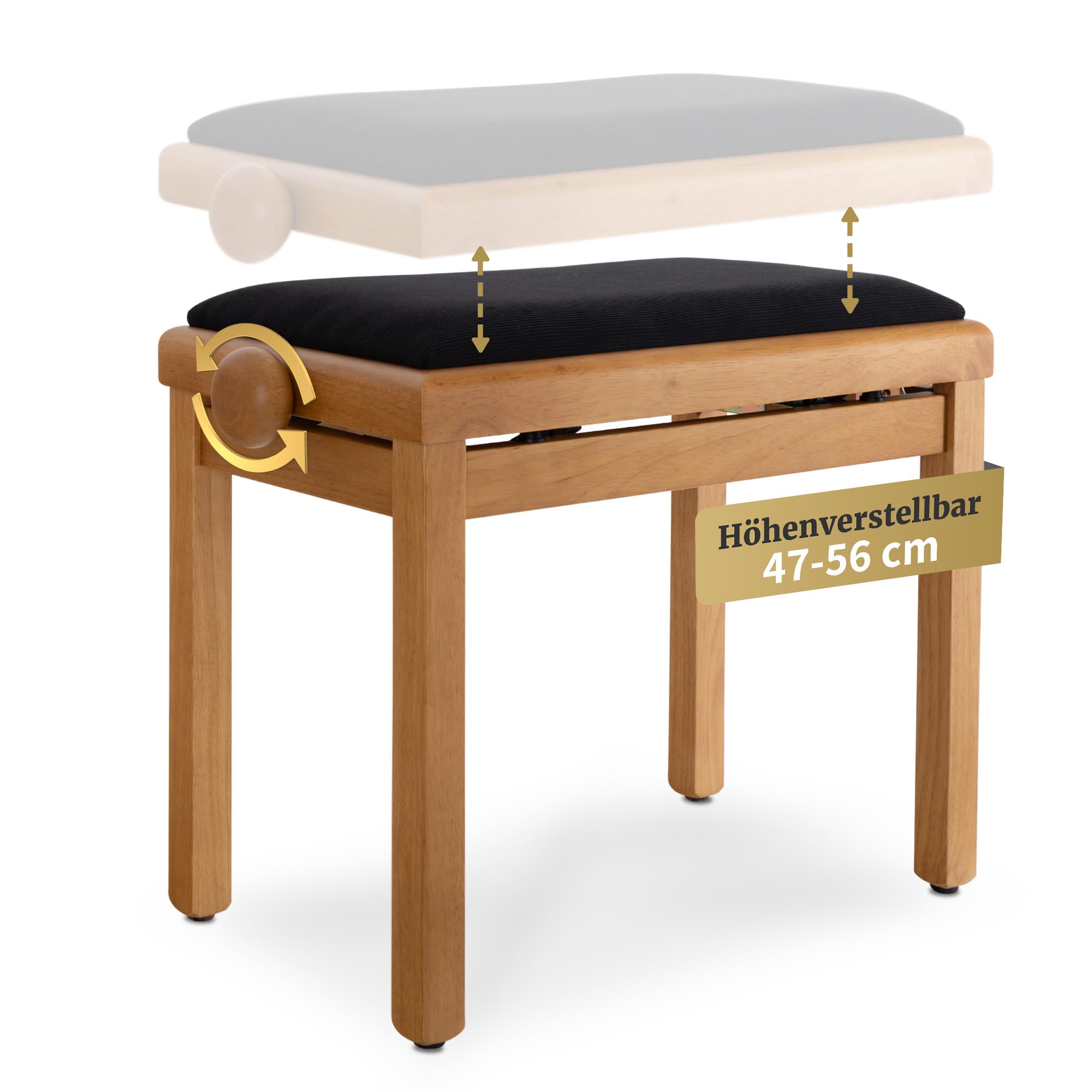 Classic Cantabile Pianobank Eiche-matt (Höhenverstellbar von 47-56cm, Spindelmechanik, Sitzfläche 55 x 32cm, schwarzer Velourbezug, stabil)