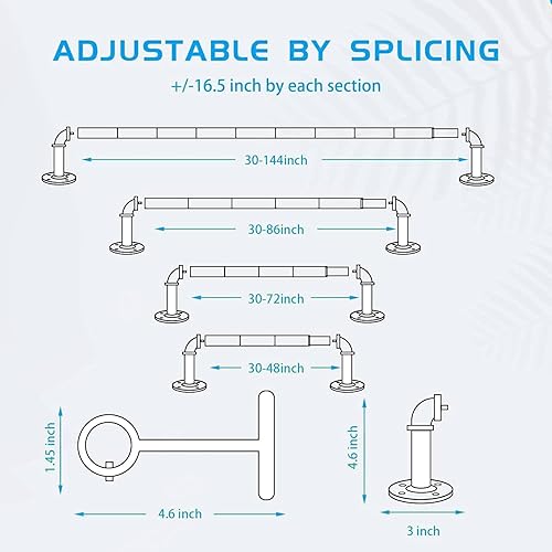 Miniatura 6 de Barra de cortina industrial, 1 pulgada, negro, rústico, 30-120" con soportes, montaje en paredtecho, acero de alto carbono, acabado de acero negro