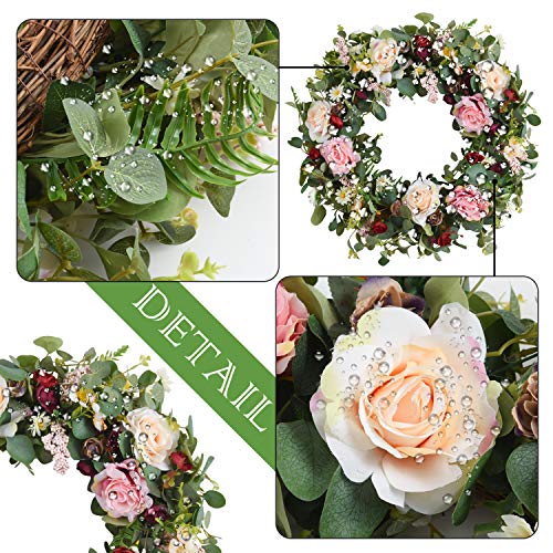 Wanna-Cul 24 Inch Large Spring Rose Flower Wreath For Front Door,Pink And Wine Red Floral Door Wreath With Eucalyptus Leaves For Wedding, Wall, Home Decorations  #TOP5