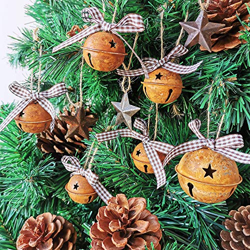 Winlyn 28 Pack Rusty Jingle Bells With Star Cutouts Christmas Sleigh Bells Rustic Metal Craft Bells Star Bells With Jute Rope Ribbon For Holiday Season Primitive Country Décor 3 Sizes 1.6" 2.4" 3.5" #TOP5