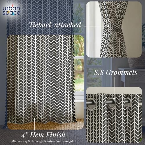 Image of Urban Space Boho Decorative Curtains for Window, 100% Cotton Curtain 5 Feet Long, Set of 1 Curtains with Tassels, 60-65% Room Darkening Curtain with Tieback and Eyelets (Herringbone Grey, 5 Feet)