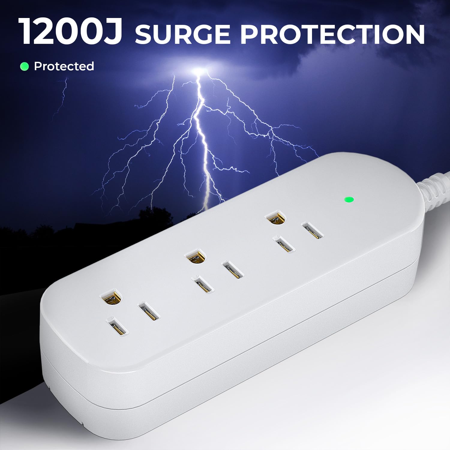 Protección contra sobretensiones, tira de energía, 1875 W/15 A, cable de extensión de 5 pies con 3 enchufes, resistente cable de extensión impermeable, clase 6, para interiores y exteriores