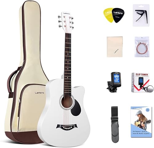 Guitarra acústica blanca para principiantes de 38 pulgadas, kit para principiantes de guitarra acústica para adultos, juego de iniciación con bolsa