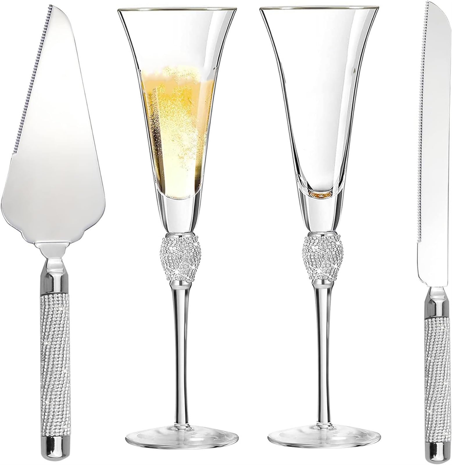 THE WHITE SHOPWedding Champagne Flutes, Wedding Cake Knife and Server Set, Wedding Gifts for Couple Bride and Groom, Gold Rim & Rhinestone Studded Toasting Glasses Set of 4 - Long Stem
