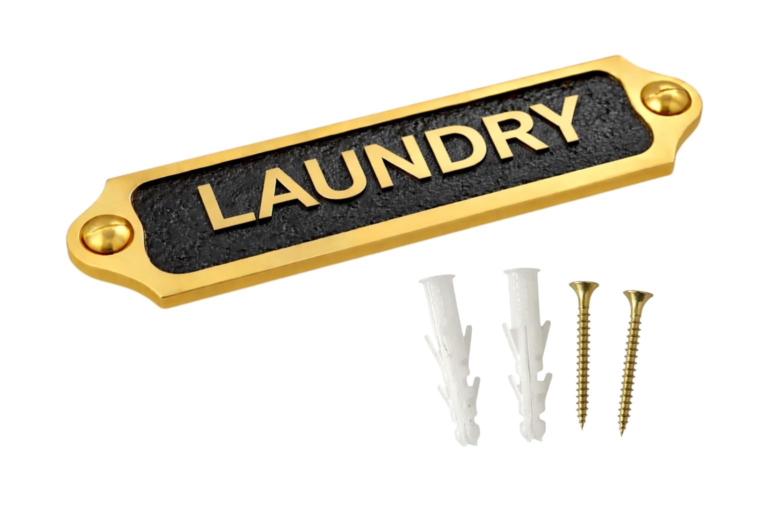 LAUNDRY Brass with Black Metal Door & Wall Sign Plaque | Classic Utility Room Name Plate with Screws for Home Apartment Office | 21.5 x 4.5 cm | LAUNDRY — image 1