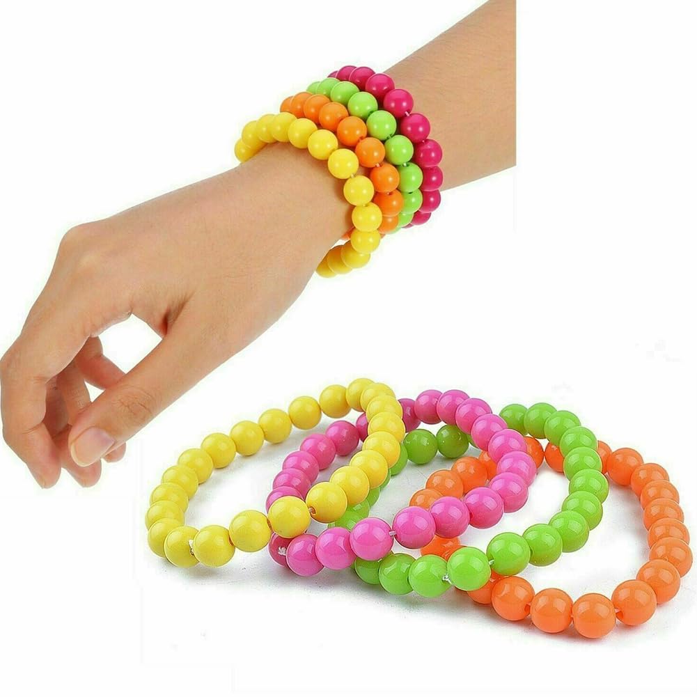 Lot De 8 Bijoux Fluo Années 80 – Collier 80 Cm, Bracelet 20 Cm – Perles Néon – Pour Soirée, Carnaval, Bal – Accessoire Déguisement Femme