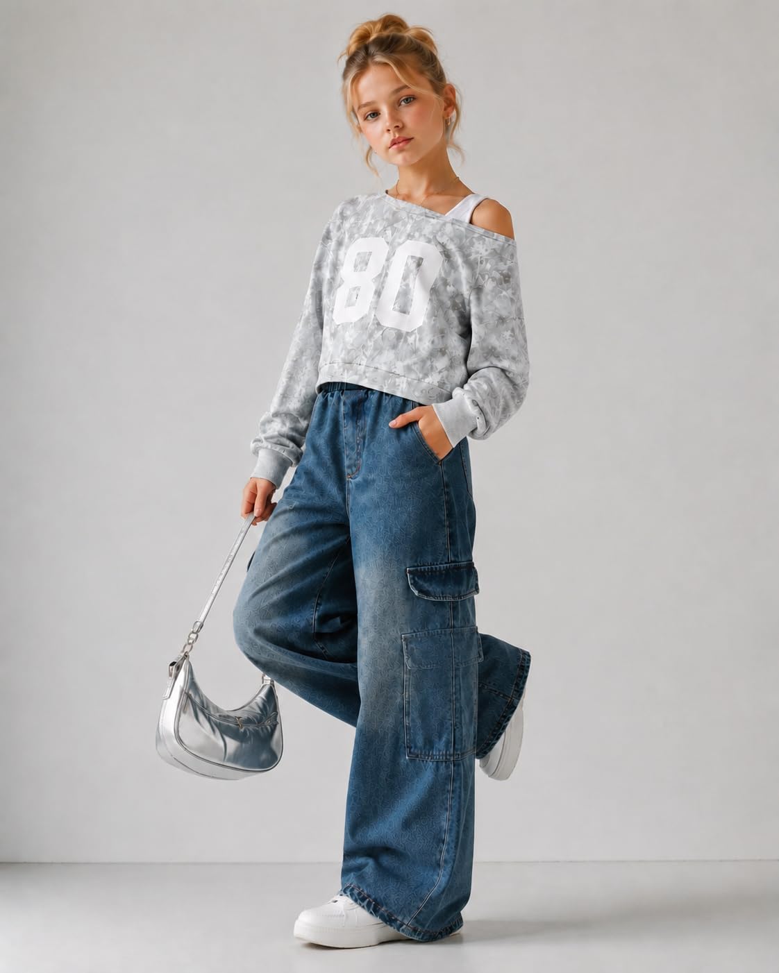 Azmxynol Tween Girls Clothes Long Sleeve Off Shoulder Top + Jeans Denim Pants 2 Piece Outfit Set, Size 7-16 Years