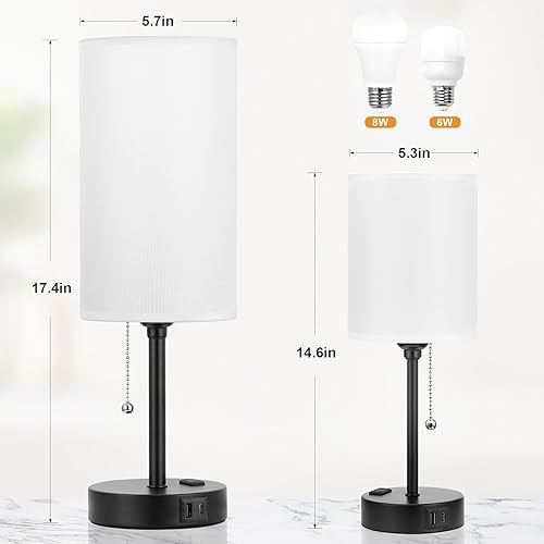 Miniatura 101 de Lámparas de noche pequeñas, 3 modos de color, blanco roto 3000K 4000K 5000K Lámparas de dormitorio con puertos USB C y A, lámparas de mesa de cadena