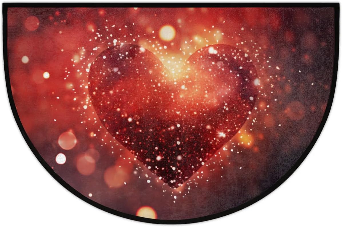 Half Round Door Mat Glow Heart Red Valentine's Day Non-Slip Semi Circle Area Rug Washable Half Moon Hearth Rugs for Indoor Outdoor Bathroom Kitchen Patio Runner Mat Laundry Room Home Decoration