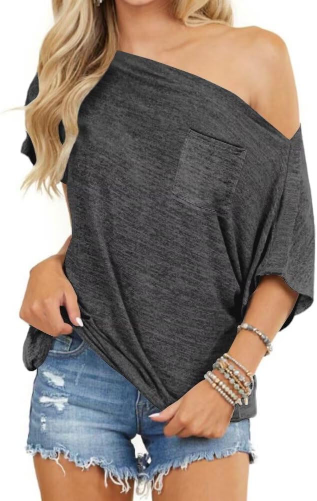 LEEDYA Off The Shoulder Tops for Women Summer Short Sleeve Batwing Shirts Oversized Casual Sexy Date Night Tunic Top