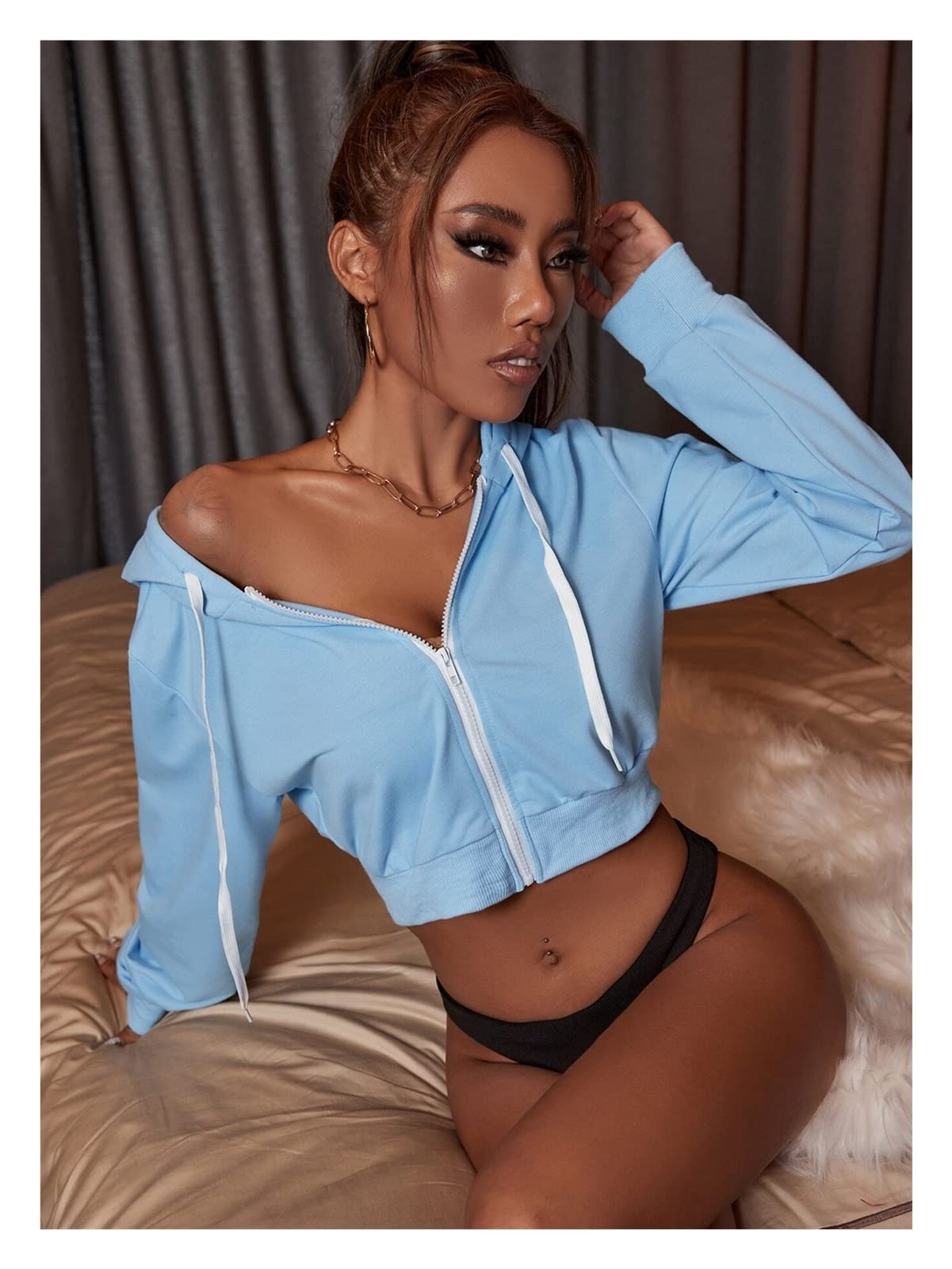 Sweat à capuche à manches longues coupées pour femmes taille L bleu ciel en coton léger
