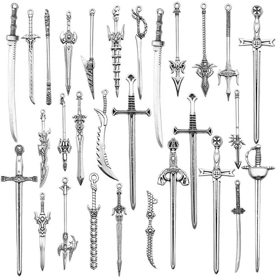 WOCRAFT32pcs Antique Swords Bookmark Metal Vintage Knife Charms Silver Keychain Sword Pendants Gift for Book Lovers DIY Necklace Bracelet Crafting (M763)