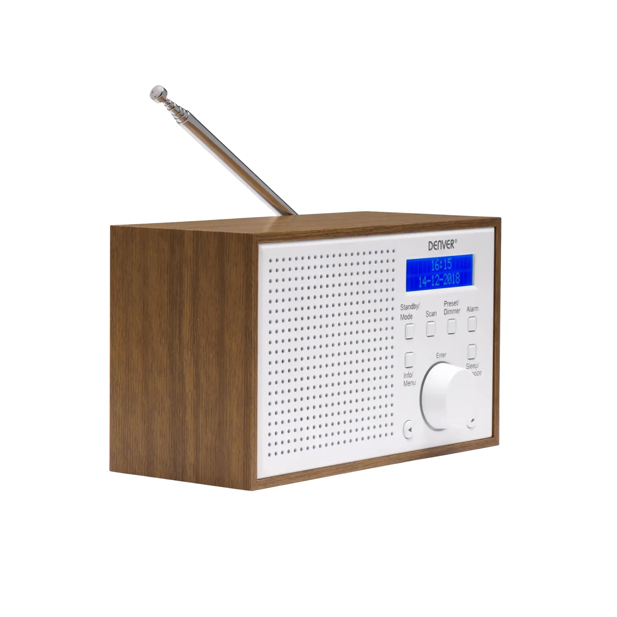 DENVER DAB-46WHITE Radio Digitale DAB+ e FM con Orologio e Sveglia, Funziona con Batteria e Corrente, Uscita Audio da 2 W, Finitura Legno, Bianco