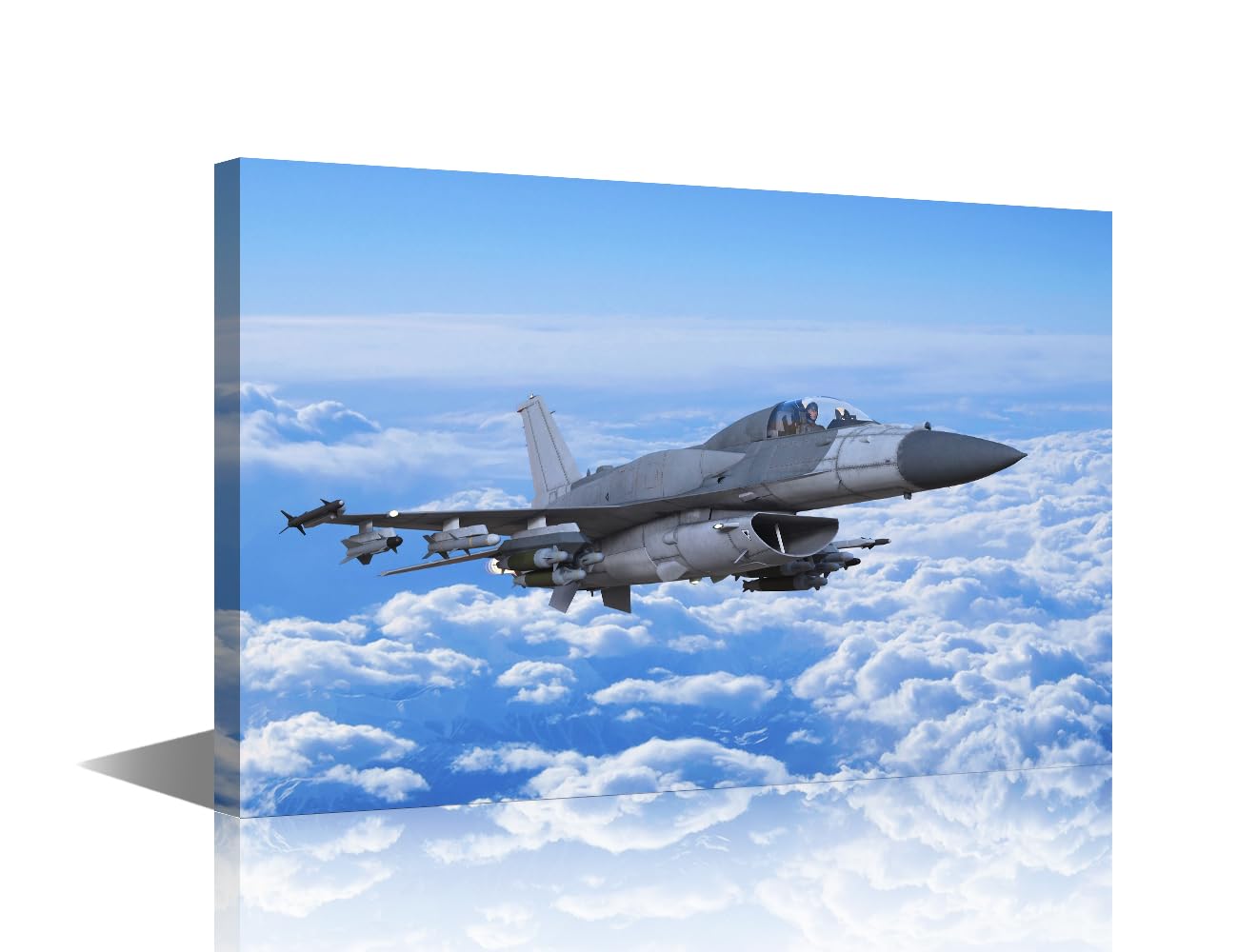 1 Panel Framed Wall Art Fighter Jet Plane in Flight, Army Airplane Flying in Cloudy Sky Pictures Print on Canvas for Living Room Bedroom Wall Decoration, Framed Ready to Hang, 24" Wx16 H