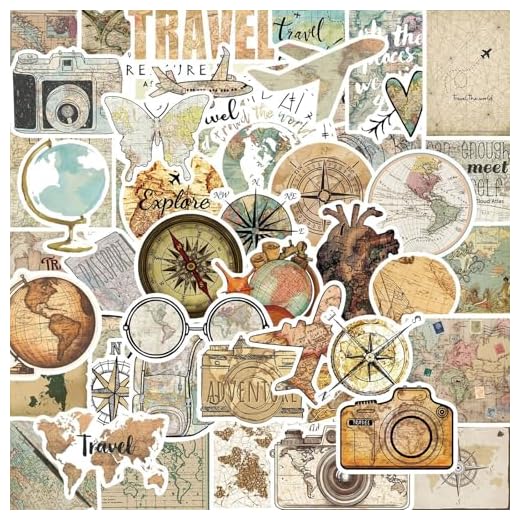 50Pcs Vintage Travel Clock Maps Stickers, Aesthetic Retro Clocks Watches Map Vinyl Decals for Kids Teens Adults, Travel World Sticker for DIY Laptops Computer Guitar Journal