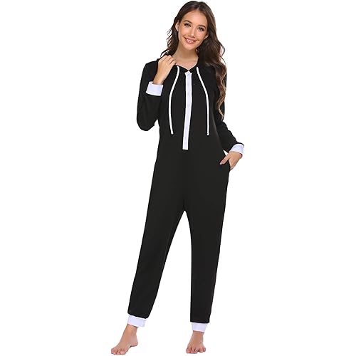 Ekouaer Women Onesies Pajamas Hooded Adult One Piece Sleepwear Long Sleeve Button Down Romper Loungewear with Pockets S-XXL