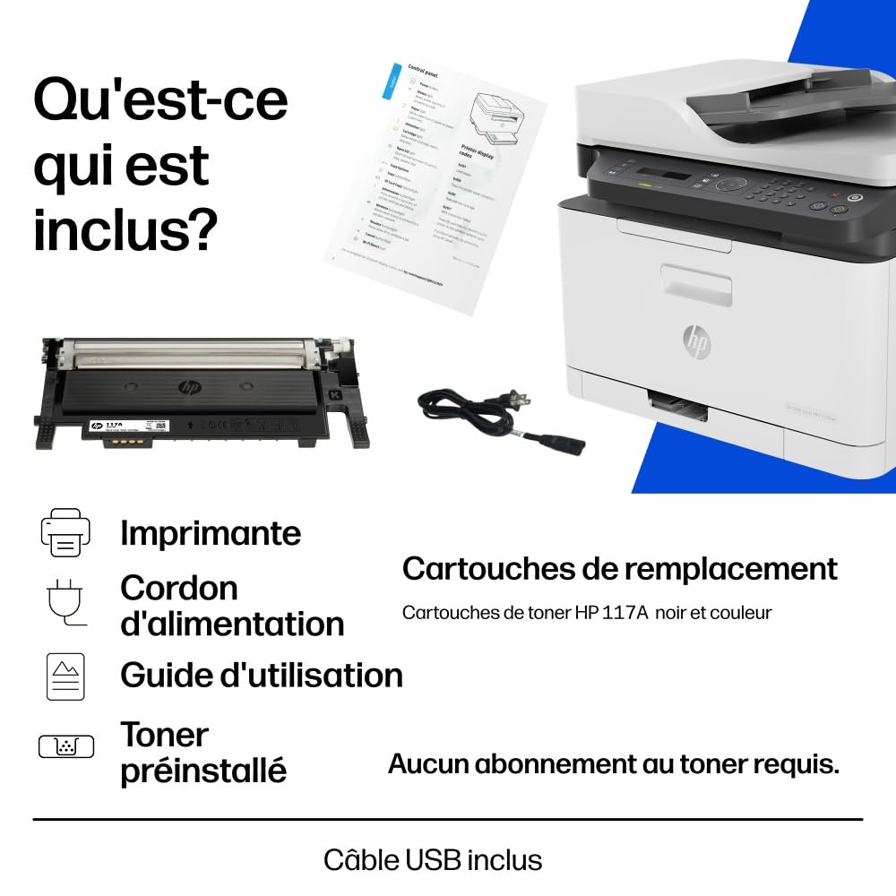 HP Color Laser MFP 179fnw Imprimante multifonction couleur A4 Wi-Fi Ethernet USB 2.0 18 ppm noir et blanc 4 ppm couleur blanche