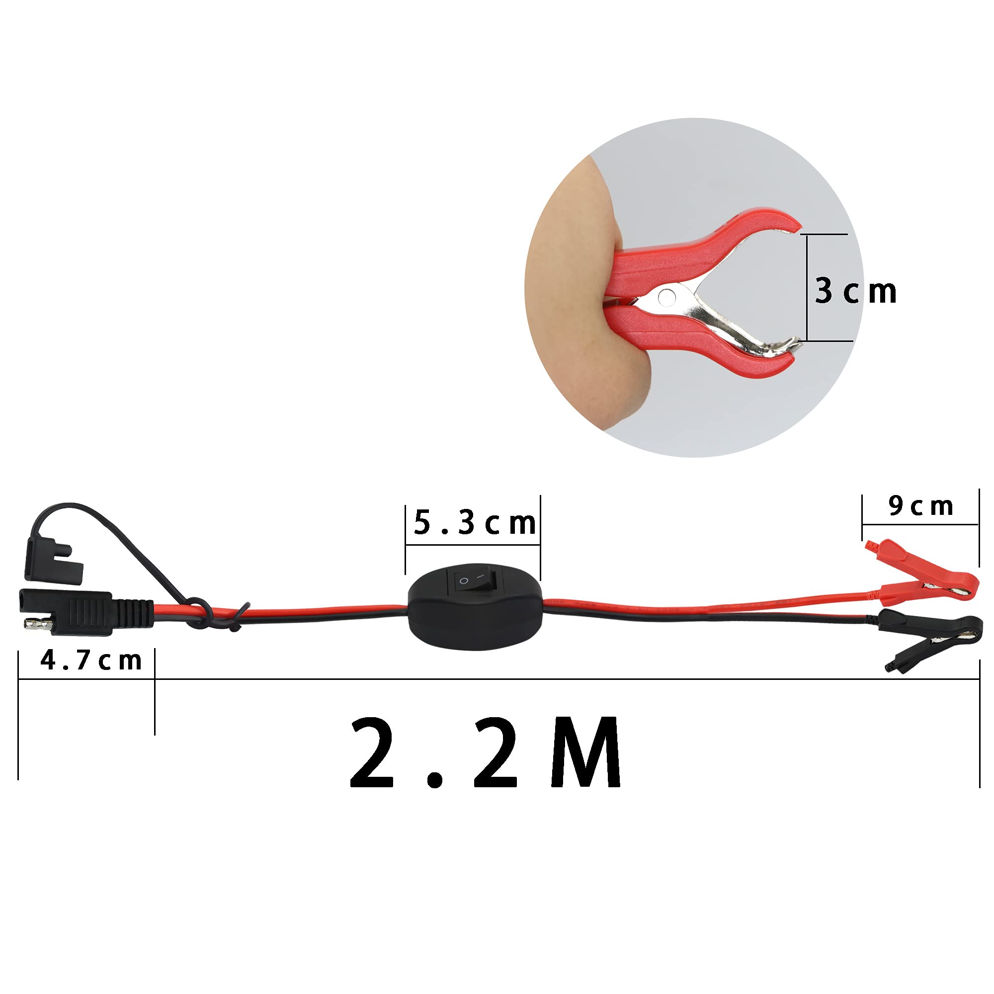 Câble SAE Avec Pinces Crocodile Et Interrupteur - 16AWG, 12V, 3.5 M - Pour Connexion Rapide Sur Batterie (VTT, Tracteur, Pompe à Eau, Moto)