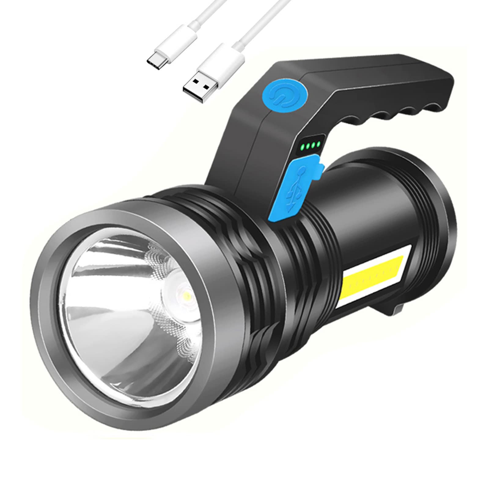 LED Flashlight, Spotlight, Camping Searchlight, Rechargeable Flashlights, Bright Flash Light with COB Work Light Battery, 3 Light Modes and USB Charging Cable