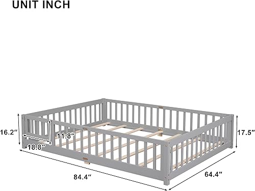 Miniatura 2 de Harper & Bright Designs Cama de suelo tamaño Queen con rieles y puerta, cama Montessori de madera con listones de soporte, marco de cama para niños