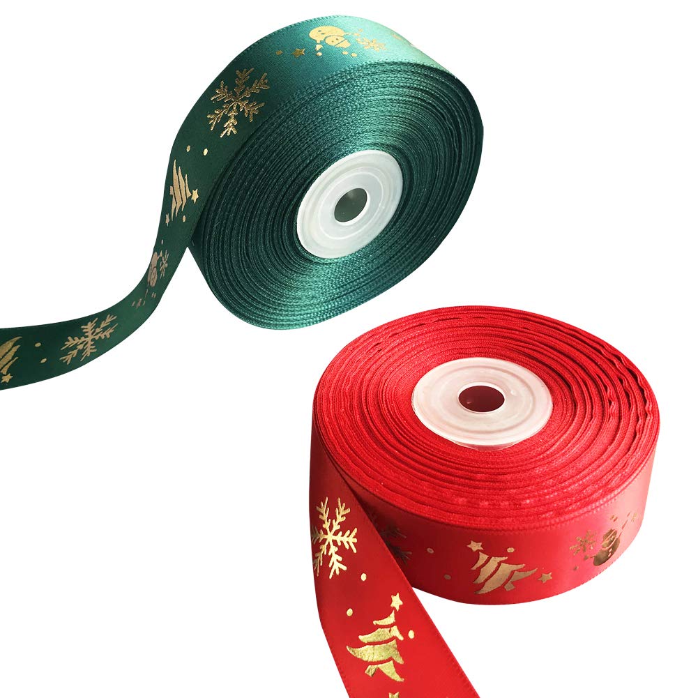 LXKBD2 Rolls Christmas Ribbons with Snowflake Snowman Decorative Signs,1 Inch by 25 Yard Spool for Christmas Tree,Gift Wrapping Decorations,Floral Bows Craft (Red and Green)