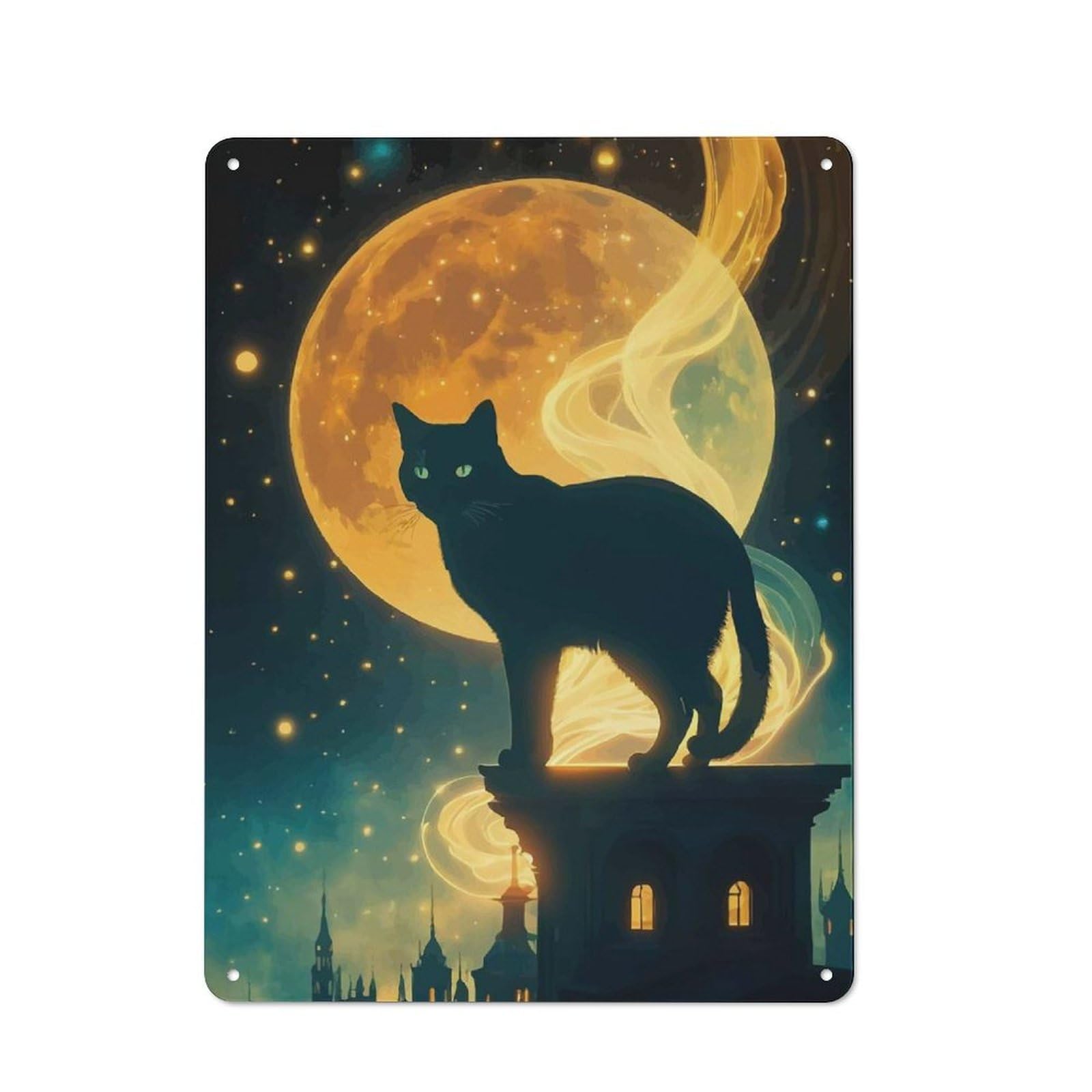 Junmoney Black Cat On Rooftop Tin Sign 40X30cm, Rustic Home Bar Decor For Cafe, Pub, Workshop Or Home Bar, For Casual British Interiors