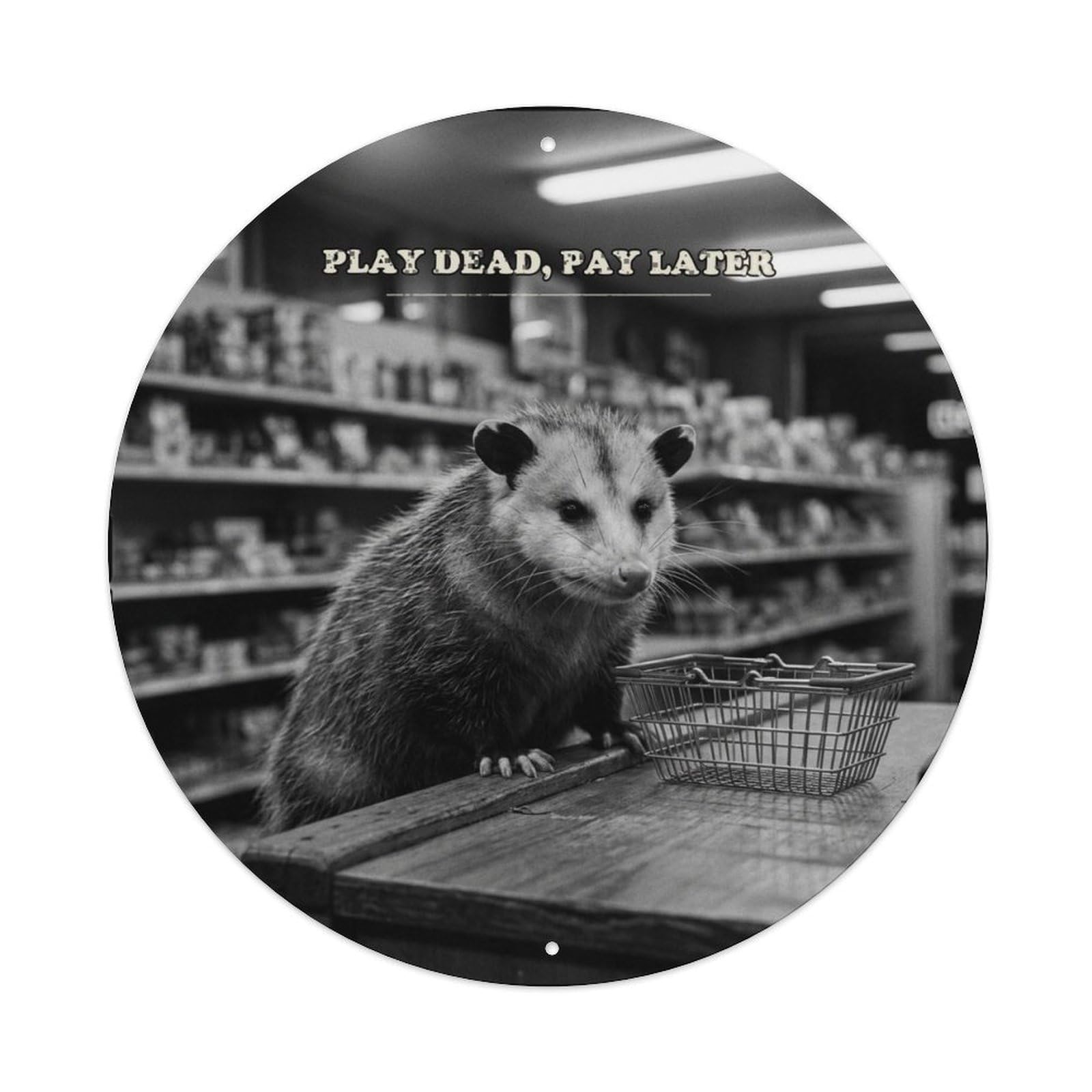 Animal Opossum Checkout Funny Wildlife Classic British Comedy Metal Tin Sign Plaque Wall Decor for Cafe, Man Cave, Club Bar, Office, Home Garden Round Metal Poster 8x8Inch