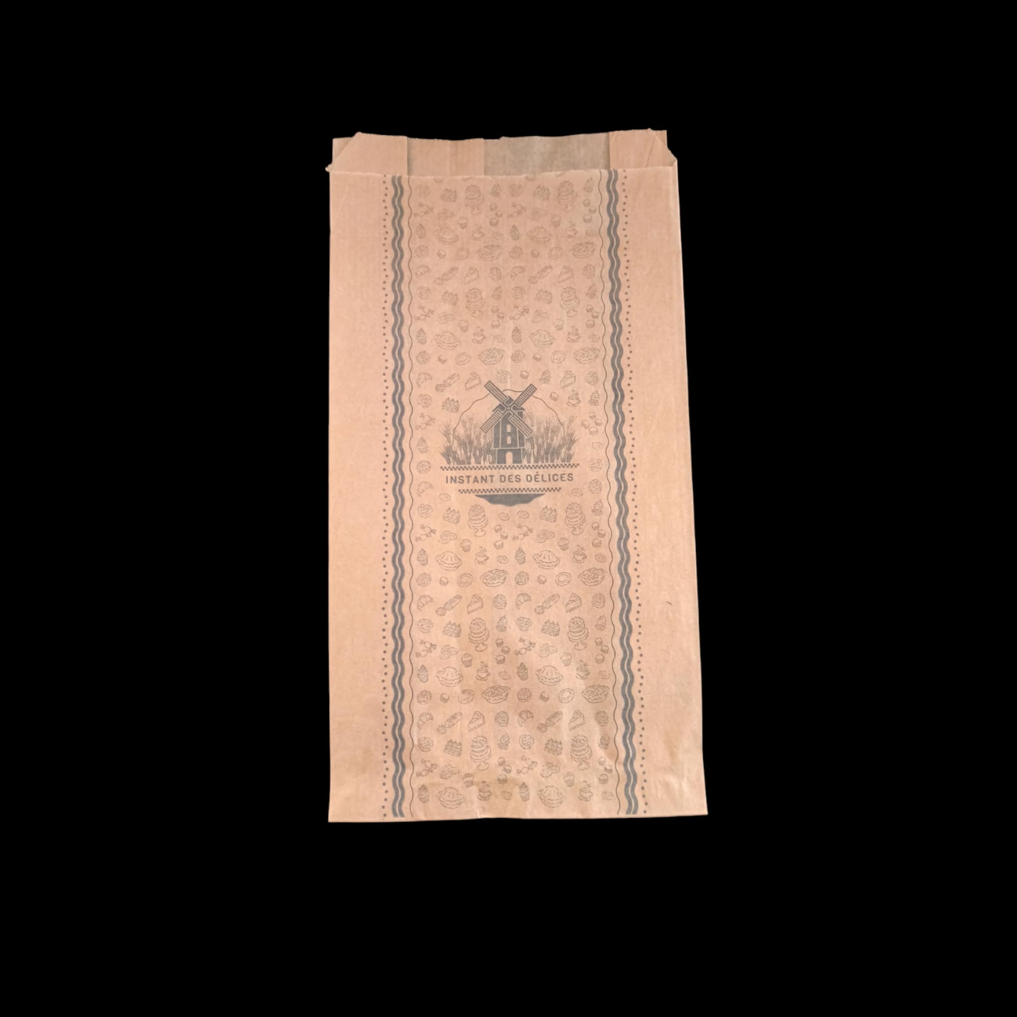 1000 Bolsas de bollería 20+5x31 cm de papel kraft marrón de grado alimenticio sin grasa impresas en negro