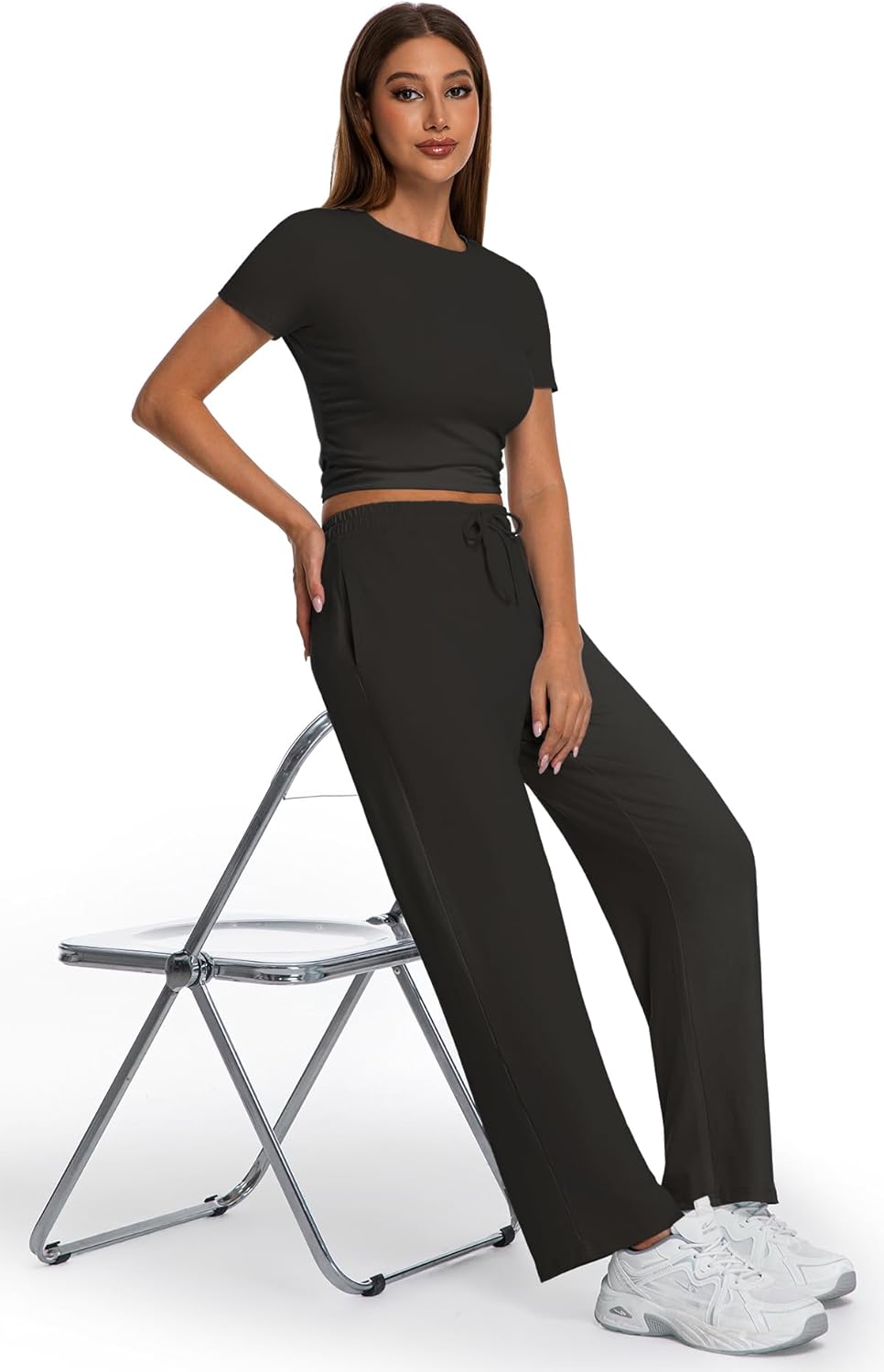 2 Piece Matching Summer Sweatsuit Lounge Set Womens Wide Leg Pants Side Ruching Crop Top Sets - Image 6