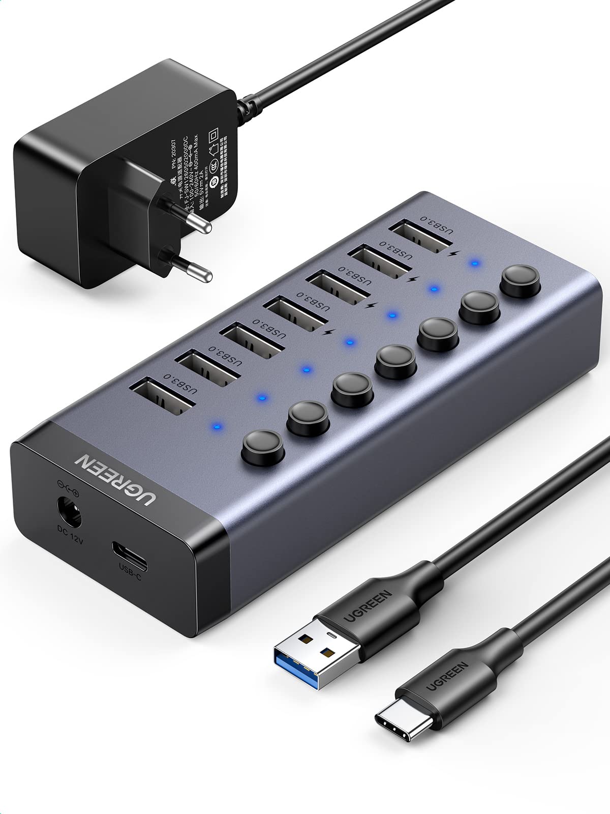 UGREEN Hub USB 3.0 Alimentato, 7 Porte, Interruttori Indipendenti e Alimentatore 24W (12V/2A), Ciabatta USB 3.0 per Ricarica e Trasferimento dati, in Alluminio