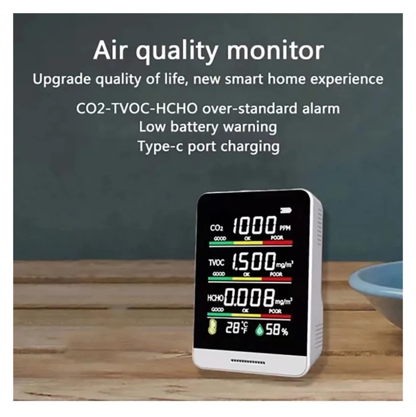 Medidor Digital De CO2 5 En 1, Sensor Temperatura Y Humedad, Monitor Calidad del Aire, Detector Dióxido Carbono TVOC HCHO