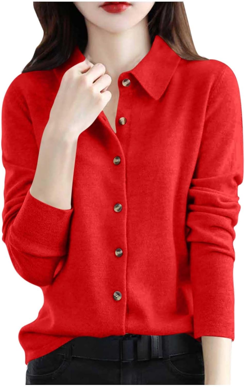 Women's Casual Button Collar Sweater, Solid Long Sleeve Fashion Pullover Knit Top, Versatile Cashmere Sweaters