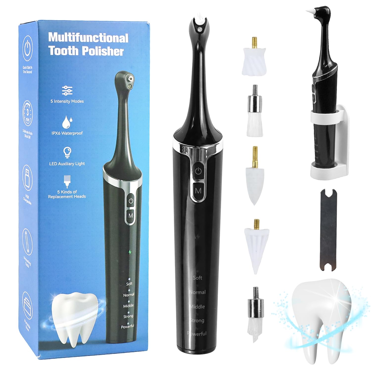 Juego de blanqueamiento dental, pulidor eléctrico con 5 modos para limpieza de dientes y blanqueamiento de dientes, juego de blanqueamiento dental con soporte para cepillo de dientes eléctrico, pared