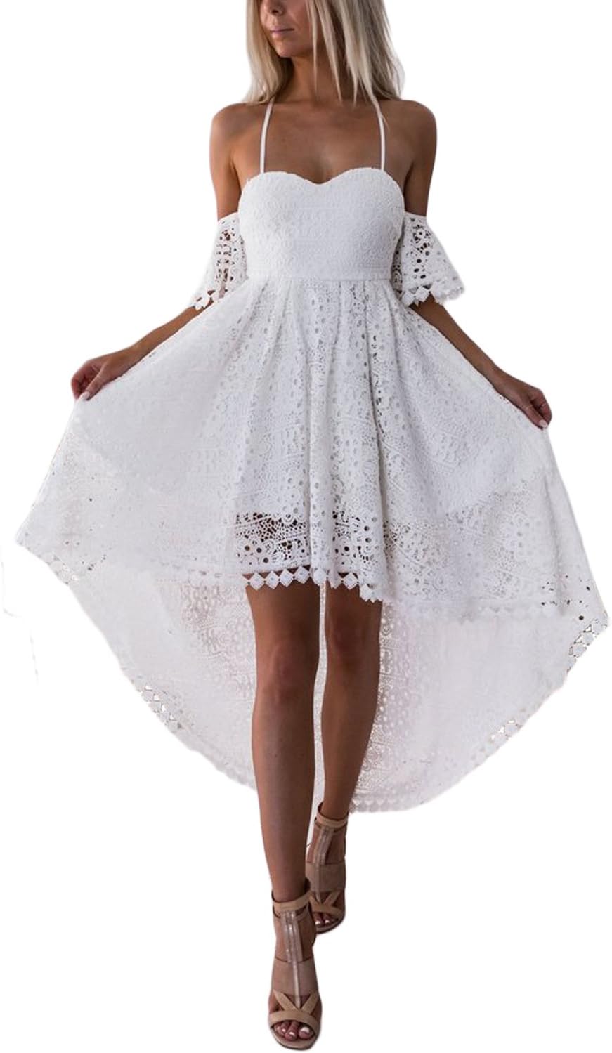 Paitluc Women Backless V Neck Spaghetti Strap Off Shoulder High Low Prom Party Dress