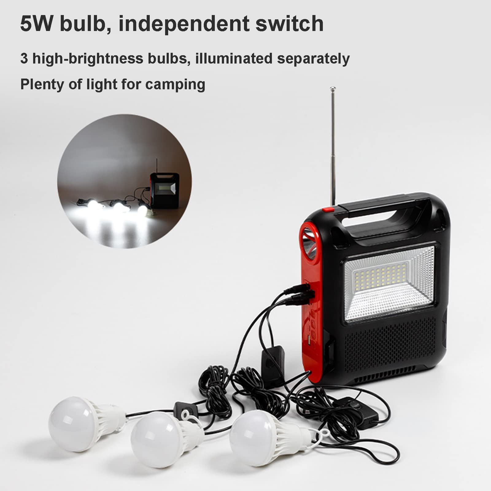 Radio Solaire Haut Parleur Bluetooth - Portable Camping, Connexion Ampoule 5W, USB/TF Lecteur, Lampe Poche Rechargeable Batterie 3600 mAh,1 Bulb
