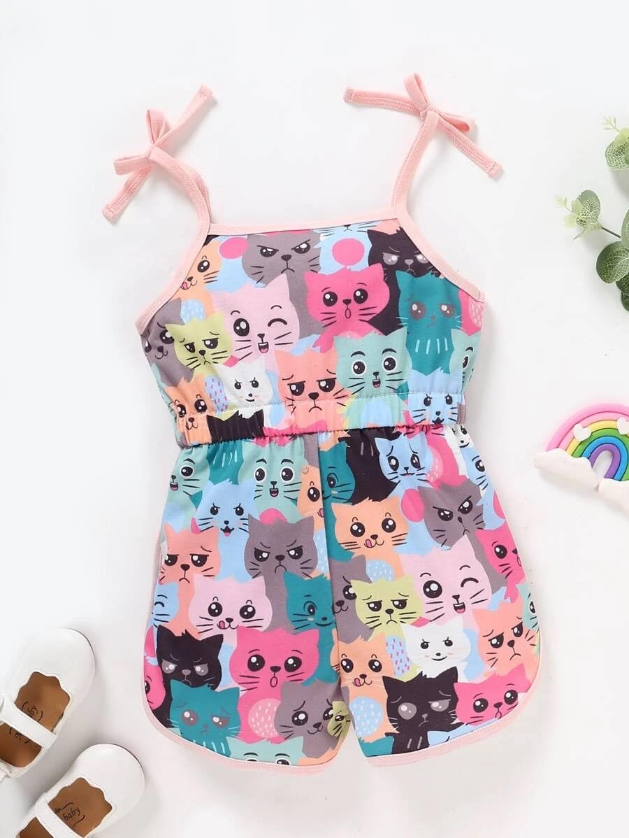 PAMBERSTON Girls' Cat Print Romper, Sleeveless Summer Jumpsuit with Shoulder Ties, Pink Multi-Colour 1