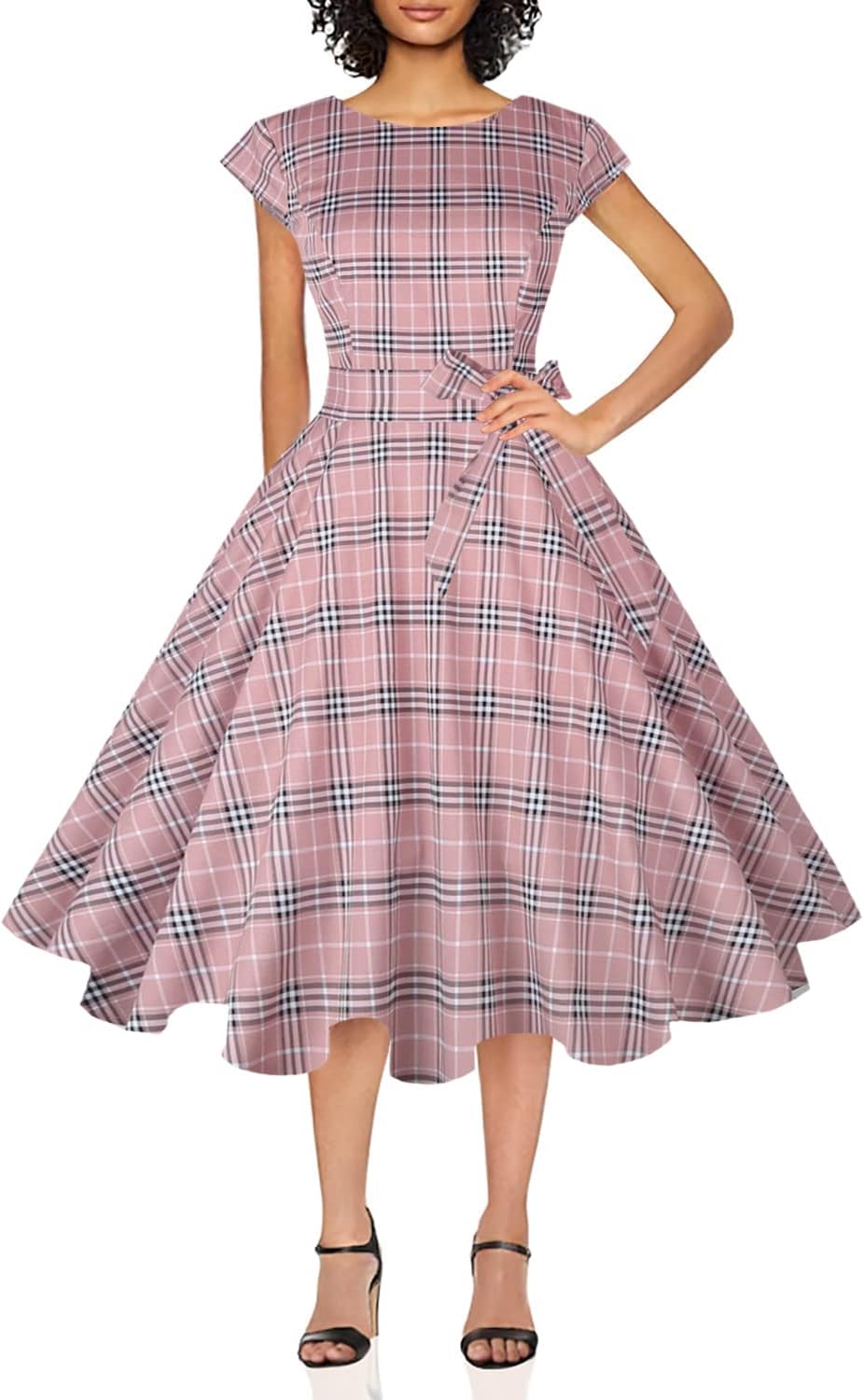 PUKAVT Women's 1950 Boatneck Cap Sleeve Vintage Swing Cocktail Party Dress with Pockets