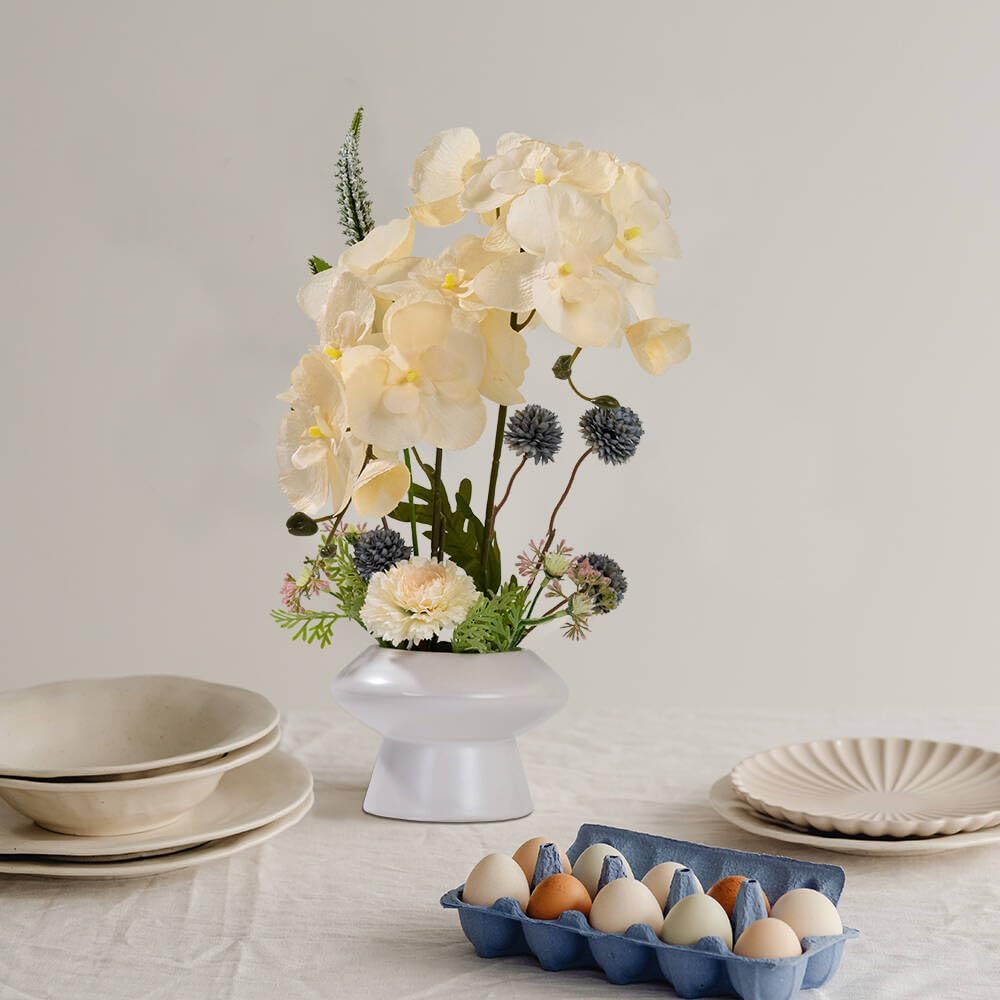 LESING Fake Orchids Flowers Arrangement in Pot,Faux Silk Orchid Artificial Flower Plant with Ceramic Vase for Table Home Decor (White Vase,White)