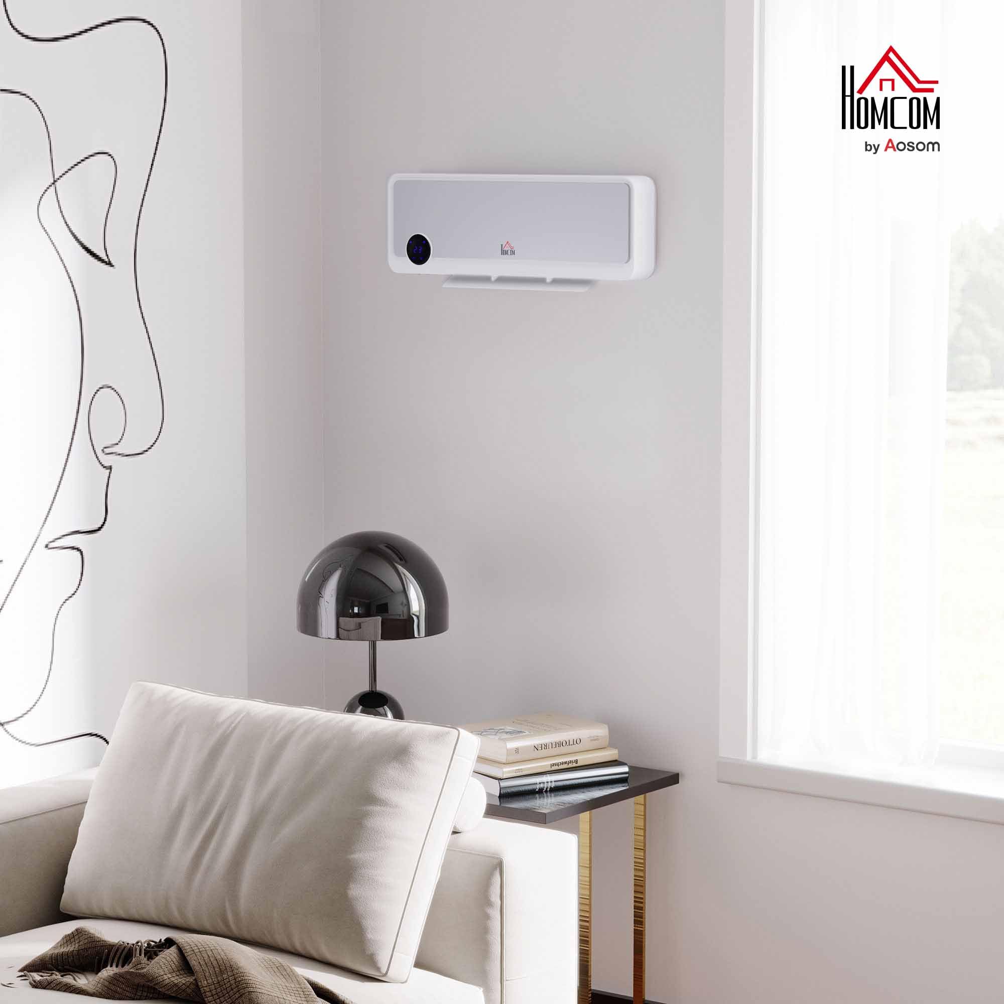 HOMCOM Radiateur mural soufflant oscillant 2000 W - chauffage céramique PTC - 3 niveaux de puissance - télécommande incluse blanc argenté