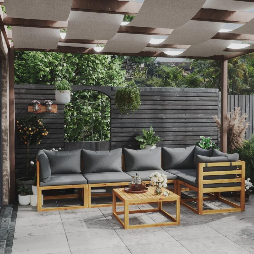 vidaXL 6-piece patio lounge set with dark gray cushions and a coffee table, arranged on a patio under a pergola.