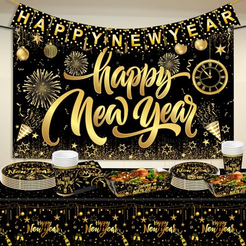 Katchon KA-NY-ST-GB-FRNFRI New Years Plates And Napkins Set - Pack Of 117 | Happy New Year Banner cover